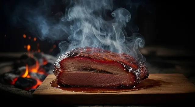 Sliced smoked brisket with a dark pepper bark