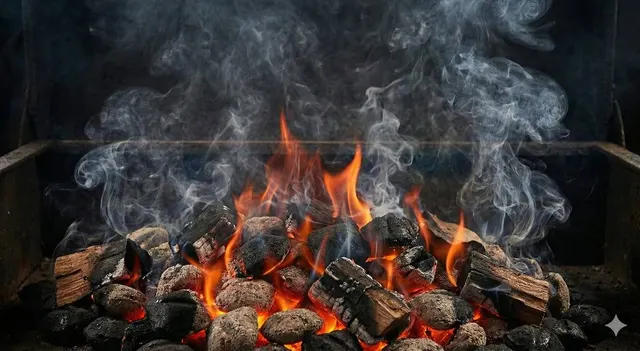 Lit charcoal and wood chunks smoking in a firebox