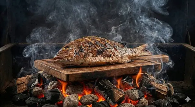 A whole fish hot-smoked on a board over coals